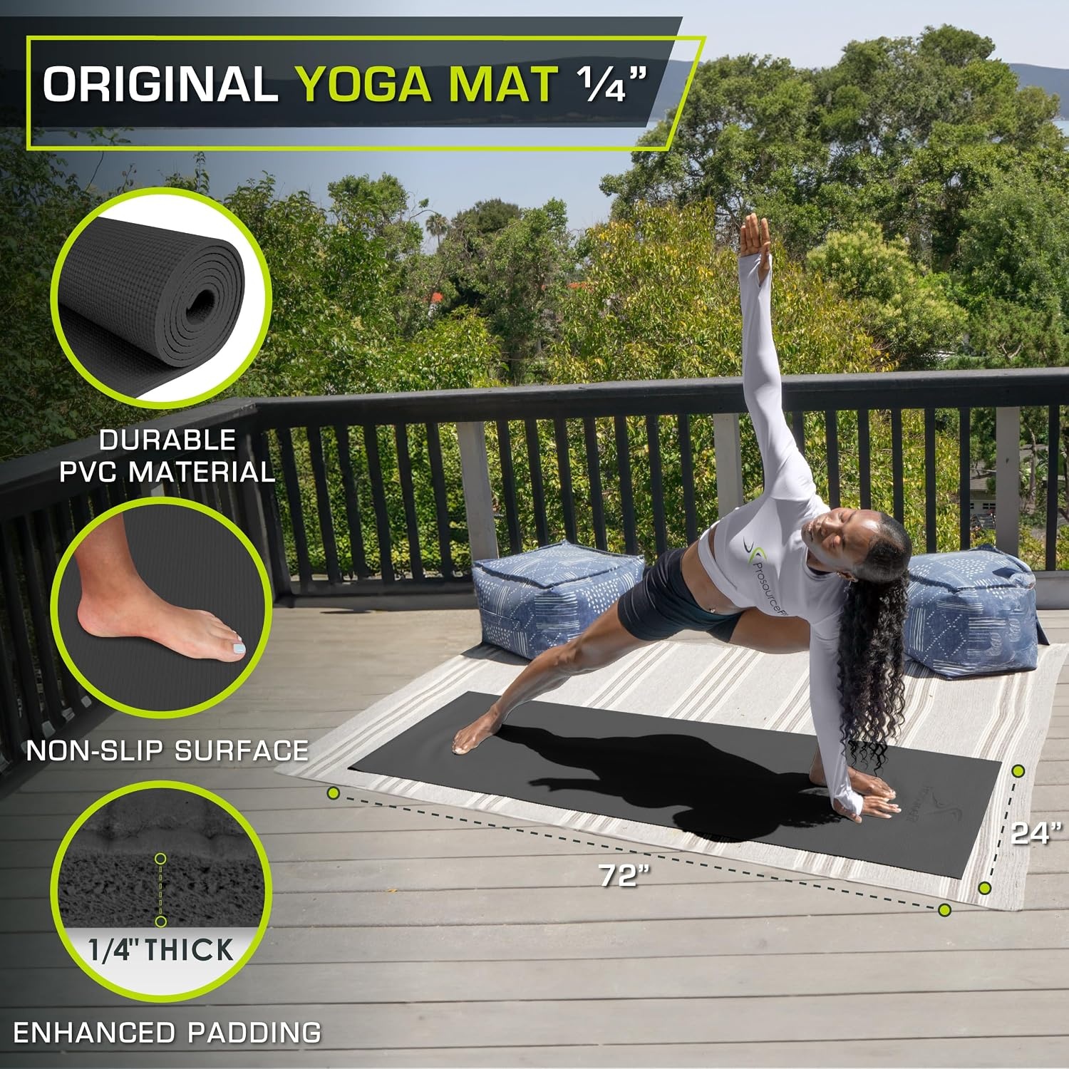 image:imageProsourceFit Original Yoga Exercise Mat 14 6mm Thick for Comfort and Stability with Carrying Straps Non Slip Multiple ColorsBlack