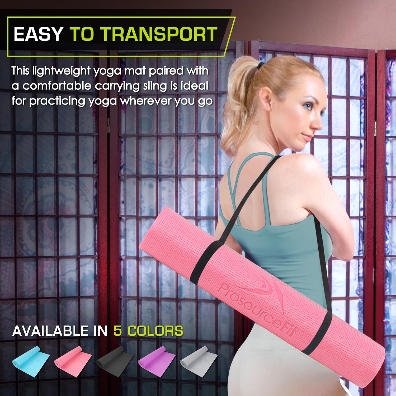 image:imageProsourceFit Original Yoga Exercise Mat 14 6mm Thick for Comfort and Stability with Carrying Straps Non Slip Multiple ColorsPink